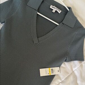 DKNY Ribbed Short-Sleeve Polo Top in Slate Blue-Green